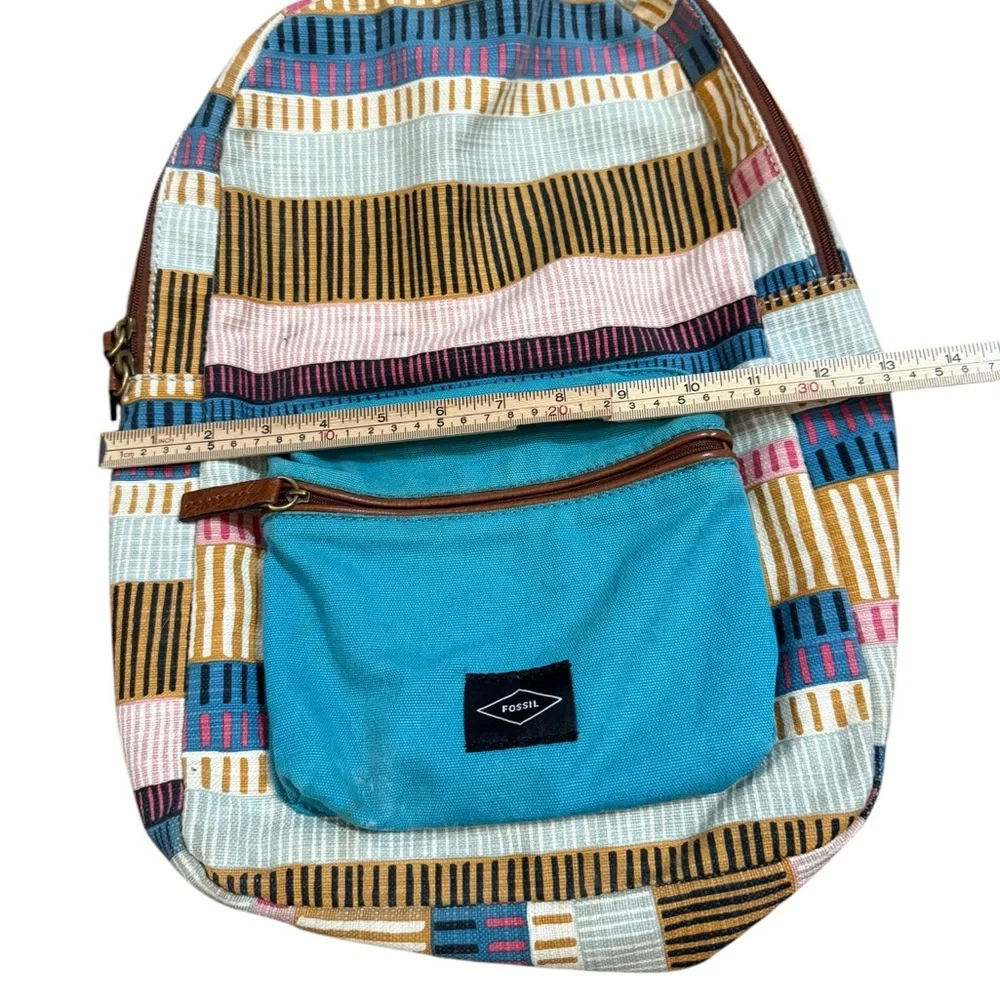 Fossil Multicolor Canvas Backpack‎ Teal Blue Front Pocket Boho Retro Style